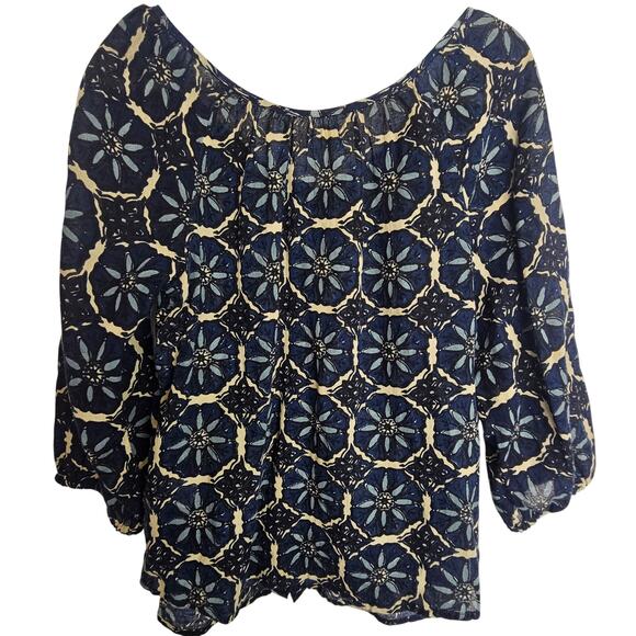 John Robshaws Lucky Brand Blouse Women M Blue Cotton Tunic Boho Peasant Floral - Picture 7 of 7